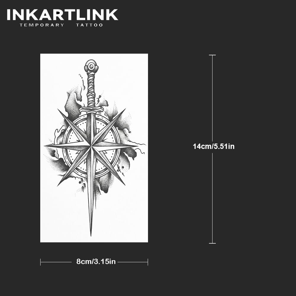 Технология татуировки INKARTLINK Tattoo Tech на 2 листах Средняя полупостоянная татуировка для взрослых, художественный дизайн, временная татуировка на 1-2 недели, водонепроницаемый, реалистичный внешний вид, отсутствие отражения (True North Blade), фото 4
