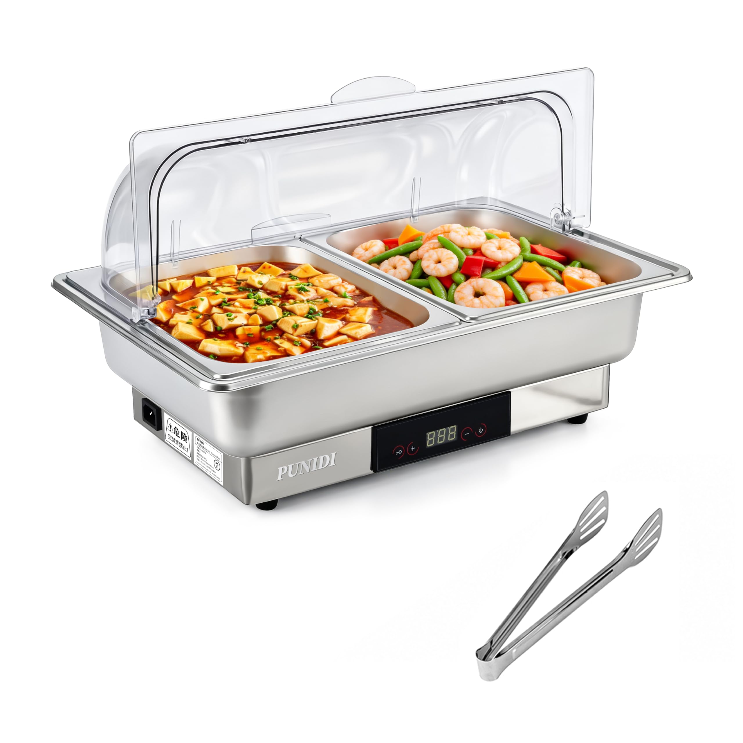 Food Warmer, Commercial Use, 2 Tubs, Water Bathing, 100 V, 600 W, Temperature Adjustment, 68.0 - 194 °F (20 - 90 °C), Buffet Server, Stainless Steel, Transparent PC Lid Included, Tabletop 2槽