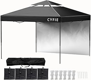 CYFIE タープテント 3x3m サイドシート1枚付属 風抜けベンチレーション uvカット＆高耐水加工 高さ3段階調節 日よけ 遮熱 スチール製フレーム 組立て簡単 アウトドア キャンプ 運動会 公園 防災砂袋·ペグ·収納ケース付 ブラック