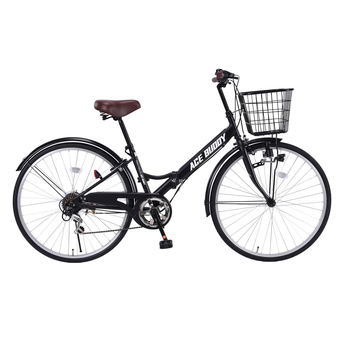 ACE BUDDY City Cycle Folding Bicycle 26-Inch Shimano 6-Speed Shifter, With Basket, Lock, LED Light, Ladies' Bicycle, Bike, Main Body, Portable, Commuting, School, Street Riding AIT266 matte black